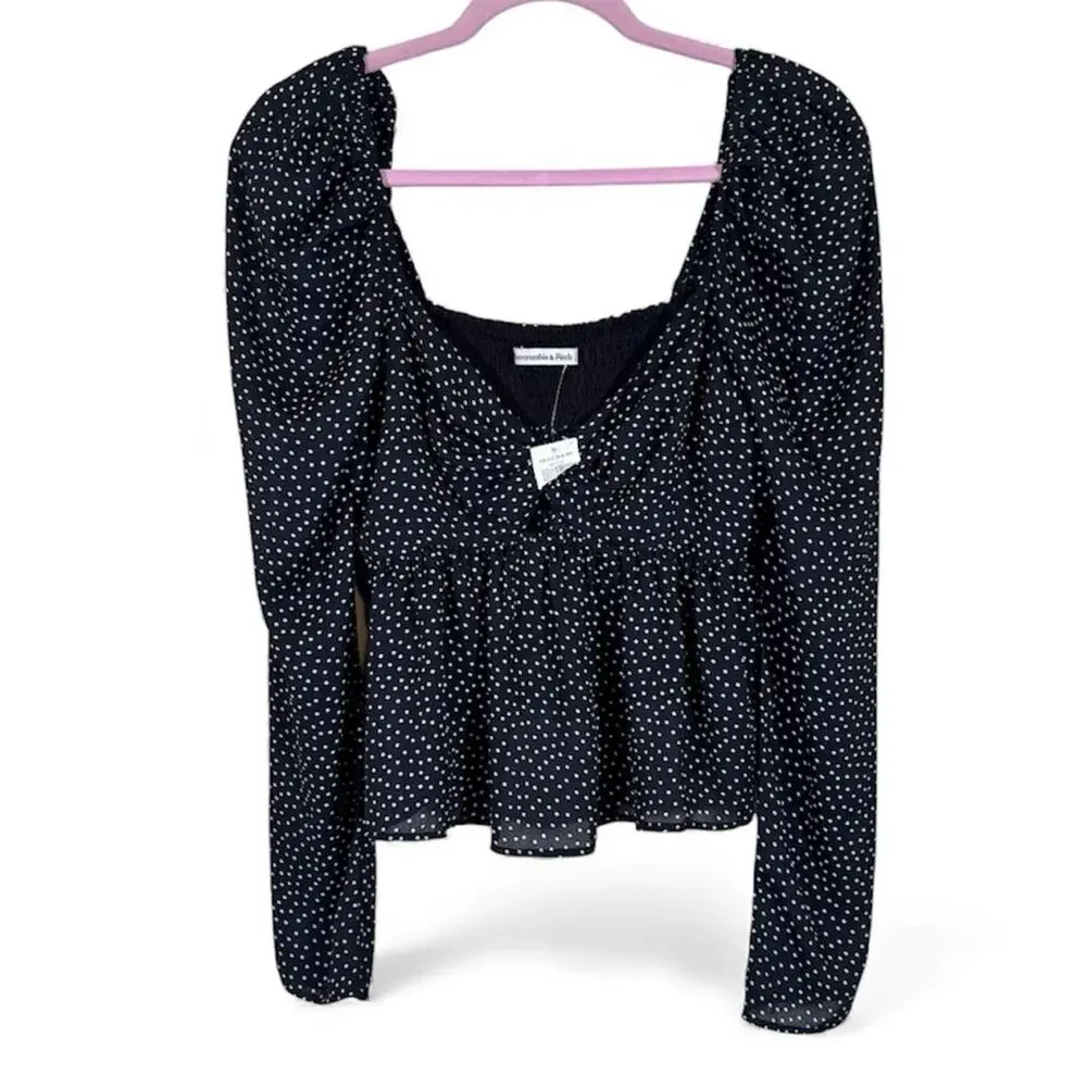 Abercrombie & Fitch Black Polka Dot Puff Sleeve Blouse Womens M Cropped Smocked